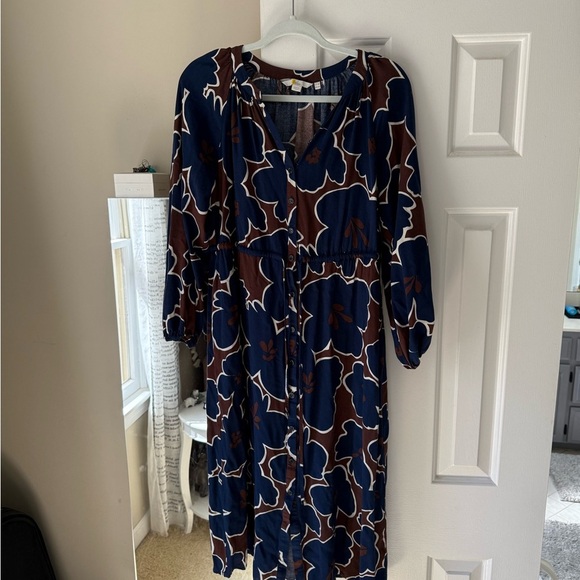 Boden Blue and Brown Long Sleeve Sundress with Bishop Sleeves - Picture 1 of 6